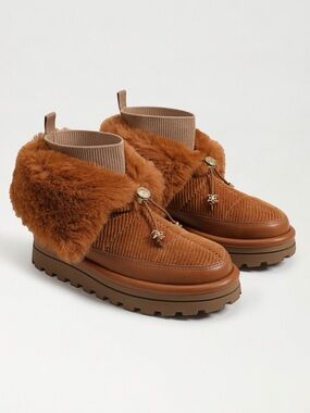Sam Edelman Olin Foldover Ankle Bootie Corduroy Faux Fur Lug Sole Brown 7 NEW